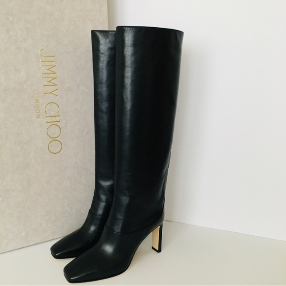 Jimmy Choo Shoes - Jimmy Choo MAHESA 85 Square Heel Knee Hight Black Calf Leather Women’s B…